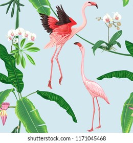Seamless pattern, background. with tropical plants and flowers with white orchid and tropical birds on sky blue background. Colored vector illustration without gradients and transparency.  
