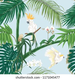 Seamless pattern, background. with tropical plants and flowers with white orchid and tropical birds on sky blue background. Colored vector illustration without gradients and transparency.  
