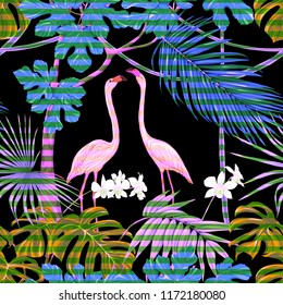 Seamless pattern, background. with tropical plants and flowers with white orchid and tropical birds. Colored vector illustration in neon, fluorescent colors on black,  background with stripes
