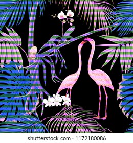 Seamless pattern, background. with tropical plants and flowers with white orchid and tropical birds. Colored vector illustration in neon, fluorescent colors on black,  background with stripes

