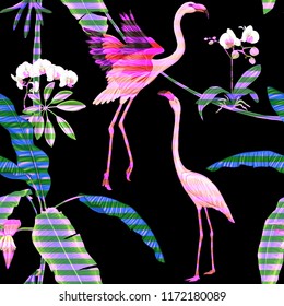 Seamless pattern, background. with tropical plants and flowers with white orchid and tropical birds. Colored vector illustration in neon, fluorescent colors on black,  background with stripes
