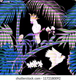 Seamless pattern, background. with tropical plants and flowers with white orchid and tropical birds. Colored vector illustration in neon, fluorescent colors on black,  background with stripes
