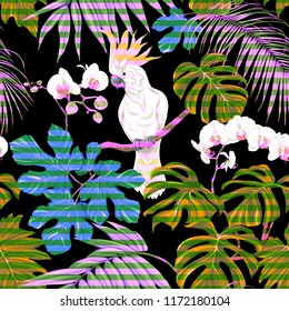 Seamless pattern, background. with tropical plants and flowers with white orchid and tropical birds. Colored vector illustration in neon, fluorescent colors on black,  background with stripes

