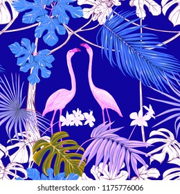 Seamless pattern, background. with tropical plants and flowers with white orchid and tropical birds in neon, fluorescent colors. Colored and outline design. Vector illustration.
