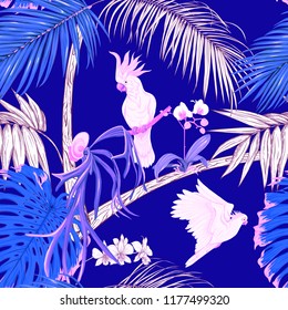 Seamless pattern, background. with tropical plants and flowers with white orchid and tropical birds in neon, fluorescent colors. Colored and outline design. Vector illustration.
