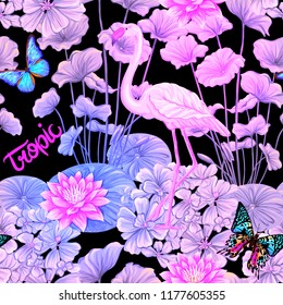 Seamless pattern, background. with tropical plants and flowers with flamingo Colored vector illustration in neon, fluorescent colors isolated on black background
