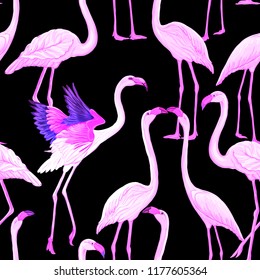 Seamless pattern, background. with tropical plants and flowers with flamingo Colored vector illustration in neon, fluorescent colors isolated on black background
