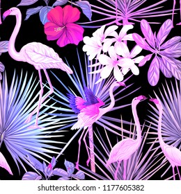 Seamless pattern, background. with tropical plants and flowers with flamingo Colored vector illustration in neon, fluorescent colors isolated on black background
