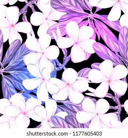 Seamless pattern, background. with tropical plants and flowers. Colored vector illustration in neon, fluorescent colors isolated on black background
