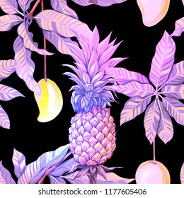 Seamless pattern, background. with tropical plants and flowers and mango and paneapple. Colored vector illustration in neon, fluorescent colors isolated on black background
