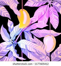 Seamless pattern, background. with tropical plants and flowers and mango. Colored vector illustration in neon, fluorescent colors isolated on black background
