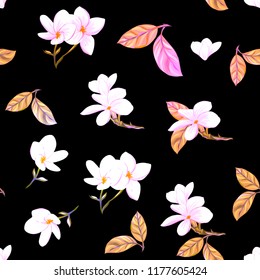 Seamless pattern, background. with tropical plants and flowers. Colored vector illustration in neon, fluorescent colors isolated on black background
