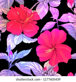 Seamless pattern, background. with tropical plants and flowers. Colored vector illustration in neon, fluorescent colors isolated on black background
