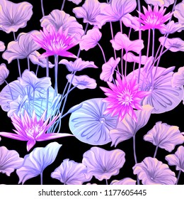 Seamless pattern, background. with tropical plants and lotus flowers. Colored vector illustration in neon, fluorescent colors isolated on black background
