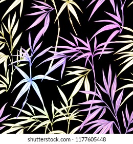 Seamless pattern, background. with tropical plants and flowers. Colored vector illustration in neon, fluorescent colors isolated on black background
