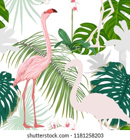 Seamless pattern, background. with tropical plants and flowers with white orchid and tropical birds. Colored and silhouette design. Vector illustration. Isolated on white background.