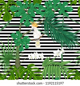 Seamless pattern, background. with tropical plants and flowers with white orchid and tropical birds On black and white stripes background. Colored vector illustration 