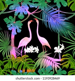 Seamless pattern, background. with tropical plants and flowers with white orchid and tropical birds. Colored vector illustration in neon, fluorescent colors on black background