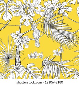 Seamless pattern, background. with tropical plants and flowers with white orchid and tropical birds. Graphic drawing, engraving style. vector illustration. Black and white on yellow background.