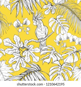 Seamless pattern, background. with tropical plants and flowers with white orchid and tropical birds. Graphic drawing, engraving style. vector illustration. Black and white on yellow background.