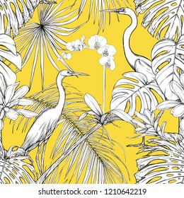 Seamless pattern, background. with tropical plants and flowers with white orchid and tropical birds. Graphic drawing, engraving style. vector illustration. Black and white on yellow background.