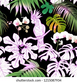 Seamless pattern, background. with tropical plants and flowers with white orchid and tropical birds in neon, fluorescent colors. Colored and outline design. Vector illustration on black background.