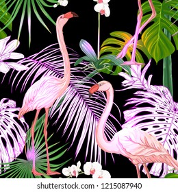 Seamless pattern, background. with tropical plants and flowers with white orchid and tropical birds in neon, fluorescent colors. Colored and outline design. Vector illustration on black background.
