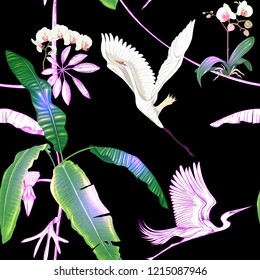 Seamless pattern, background. with tropical plants and flowers with white orchid and tropical birds in neon, fluorescent colors. Colored and outline design. Vector illustration on black background.