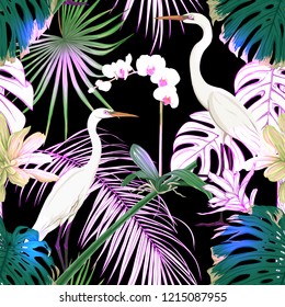 Seamless pattern, background. with tropical plants and flowers with white orchid and tropical birds in neon, fluorescent colors. Colored and outline design. Vector illustration on black background.