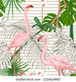 Seamless pattern, background. with tropical plants and flowers with white orchid and tropical birds On beige and white stripes background.. Colored and outline design. Vector illustration.