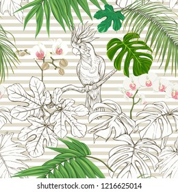 Seamless pattern, background. with tropical plants and flowers with white orchid and tropical birds On beige and white stripes background.. Colored and outline design. Vector illustration.
