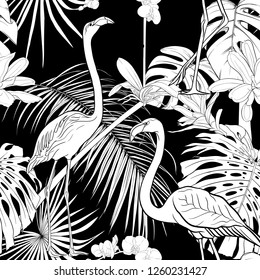 Seamless pattern, background. with tropical plants and flowers with white orchid and tropical birds.  Black-and-white graphics. Vector illustration.
