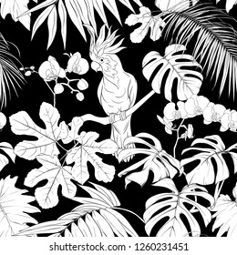 Seamless pattern, background. with tropical plants and flowers with white orchid and tropical birds.  Black-and-white graphics. Vector illustration.
