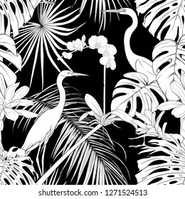 Seamless pattern, background. with tropical plants and flowers with white orchid and tropical birds.  Black-and-white graphics. Vector illustration.
