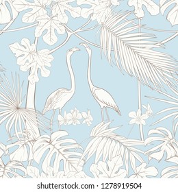 Seamless pattern, background. with tropical plants and flowers with white orchid and tropical birds. Outline hand drawing vector illustration. In vintage blue and beige colors.