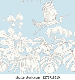 Seamless pattern, background. with tropical plants and flowers with white orchid and tropical birds. Outline hand drawing vector illustration. In vintage blue and beige colors.