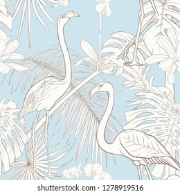 Seamless pattern, background. with tropical plants and flowers with white orchid and tropical birds. Outline hand drawing vector illustration. In vintage blue and beige colors.