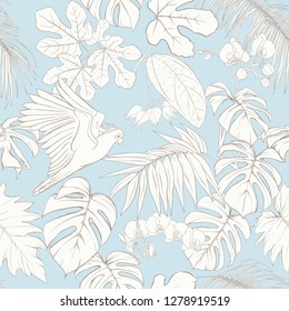 Seamless pattern, background. with tropical plants and flowers with white orchid and tropical birds. Outline hand drawing vector illustration. In vintage blue and beige colors.