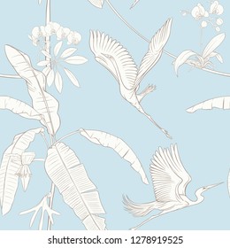 Seamless pattern, background. with tropical plants and flowers with white orchid and tropical birds. Outline hand drawing vector illustration. In vintage blue and beige colors.