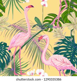 Seamless pattern, background. with tropical plants and flowers with white orchid and tropical birds. Colored vector illustration in neon, fluorescent colors on soft yellow background.