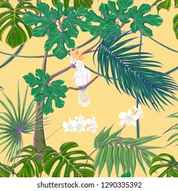 Seamless pattern, background. with tropical plants and flowers with white orchid and tropical birds. Colored vector illustration in neon, fluorescent colors on soft yellow background.
