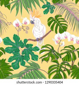 Seamless pattern, background. with tropical plants and flowers with white orchid and tropical birds. Colored vector illustration in neon, fluorescent colors on soft yellow background.

