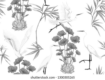Seamless pattern, background with tropical plants, flowers and birds. Colored vector illustration. In monochrome gray colors