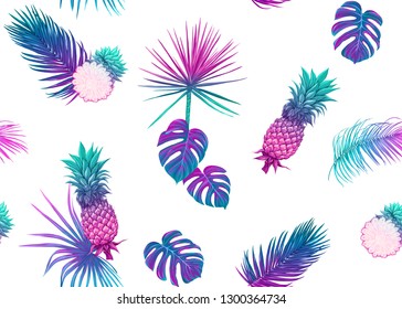 Seamless pattern, background with tropical plants, flowers. Colored vector illustration in neon, fluorescent colors. Isolated on white background.