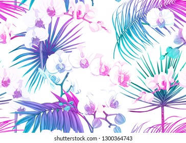 Seamless pattern, background with tropical plants, flowers. Colored vector illustration in neon, fluorescent colors. Isolated on white background.

