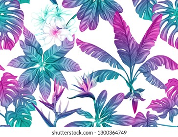 Seamless pattern, background with tropical plants, flowers. Colored vector illustration in neon, fluorescent colors. Isolated on white background.

