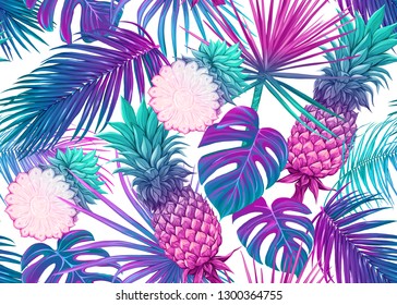 Seamless pattern, background with tropical plants, flowers. Colored vector illustration in neon, fluorescent colors. Isolated on white background.

