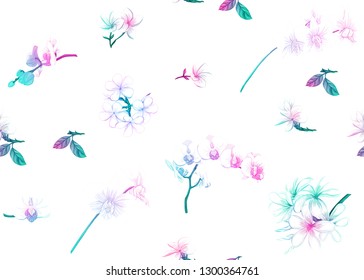 Seamless pattern, background with tropical plants, flowers. Colored vector illustration in neon, fluorescent colors. Isolated on white background.

