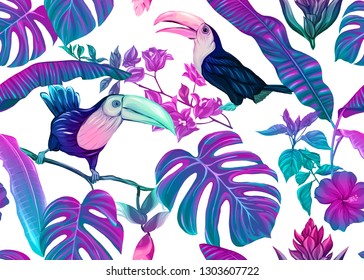 Seamless pattern, background with tropical plants, flowers and birds. Colored vector illustration in neon, fluorescent colors. Isolated on white background.