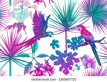 Seamless pattern, background with tropical plants, flowers and birds. Colored vector illustration in neon, fluorescent colors. Isolated on white background.